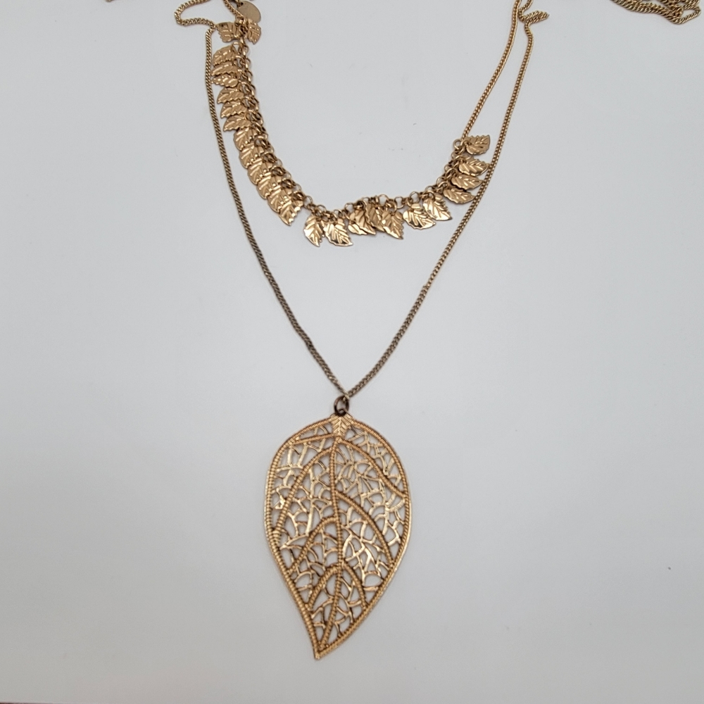 Charming Charlie | Leaves Pendant Long Double Strand Goldtone Necklace